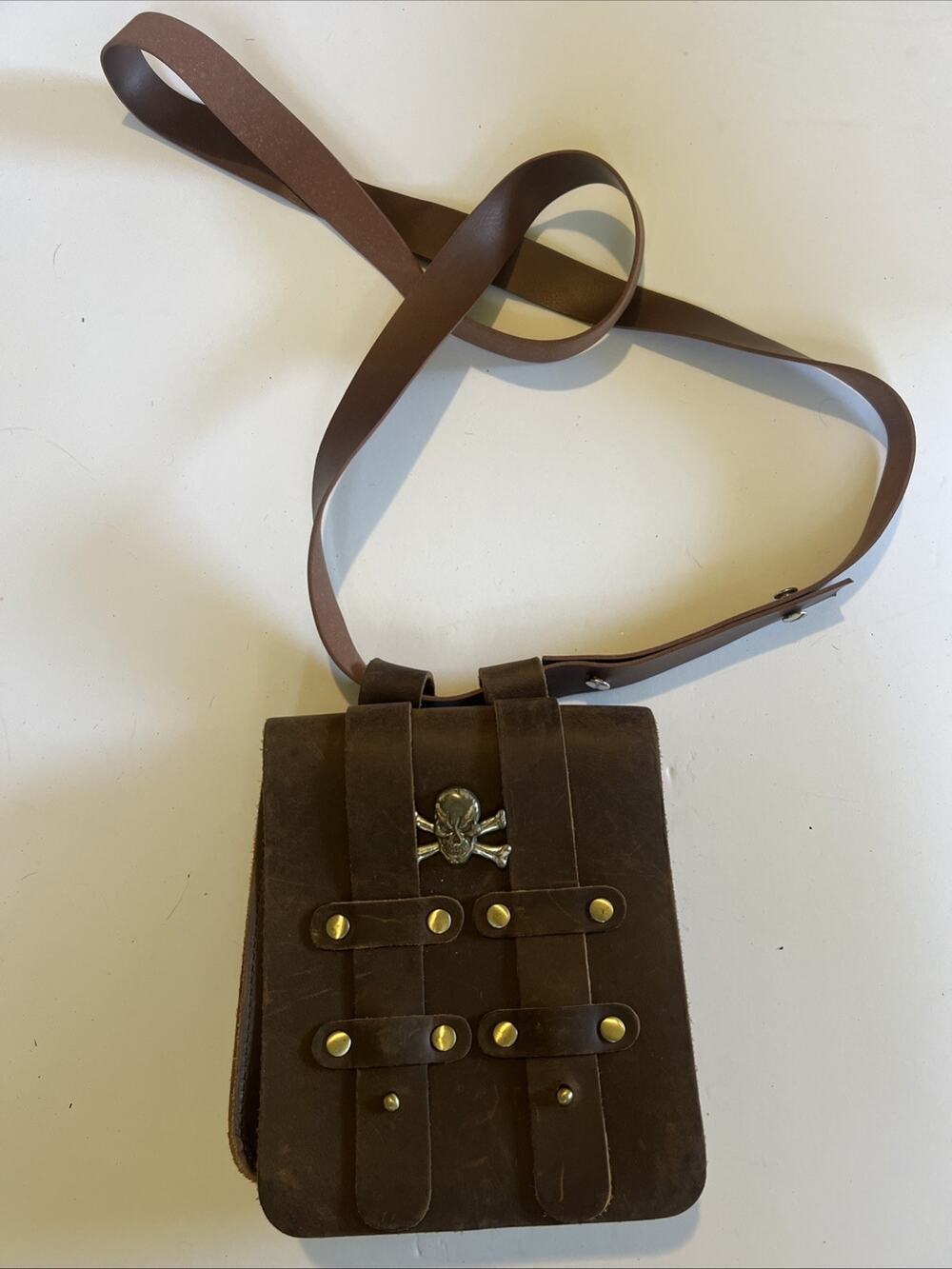 brown leather pirate-style utility hip pouch or messenger bag